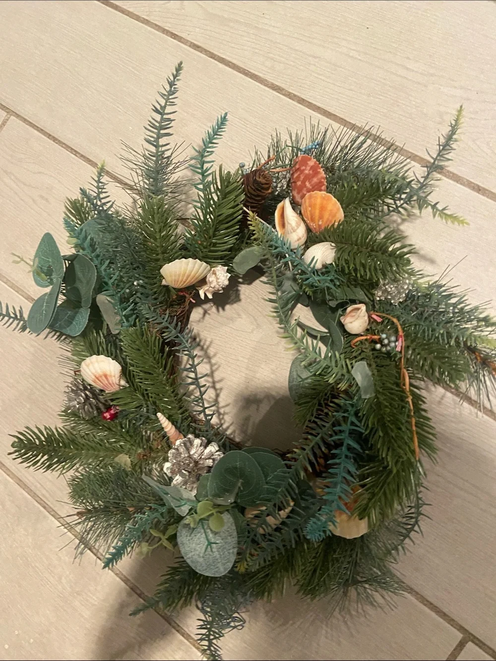 Festive Greenery Holiday Wreath with Seashell Accents